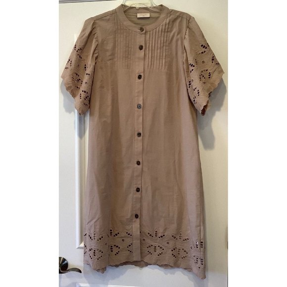 Free/Quent Dress Size Large Silver Mink Tan Brown 100% Cotton Eyelet Sleeves - Picture 1 of 16